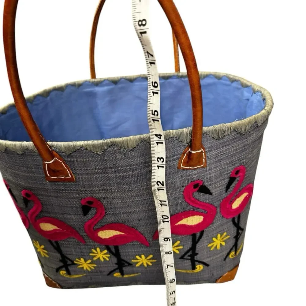 Le Comptoir De La Plage "Madagascar" Woven Raffia Blue/Pink Flamingos ExL Tote - Picture 9 of 16